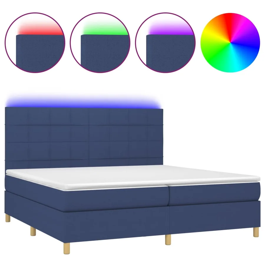 Sommier à lattes de lit et matelas et LED Bleu 200x200 cm Tissu - 2