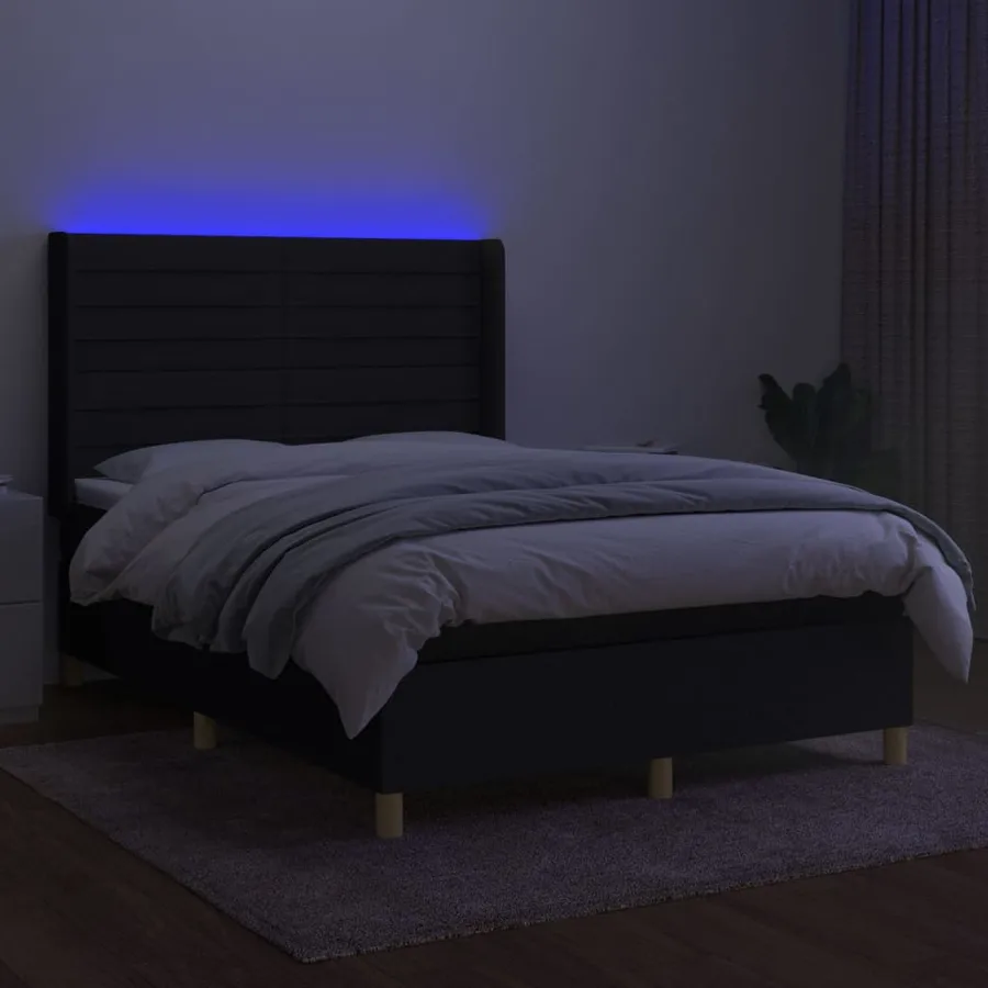 Sommier à lattes de lit matelas et LED Noir 140x190 cm Tissu - 3
