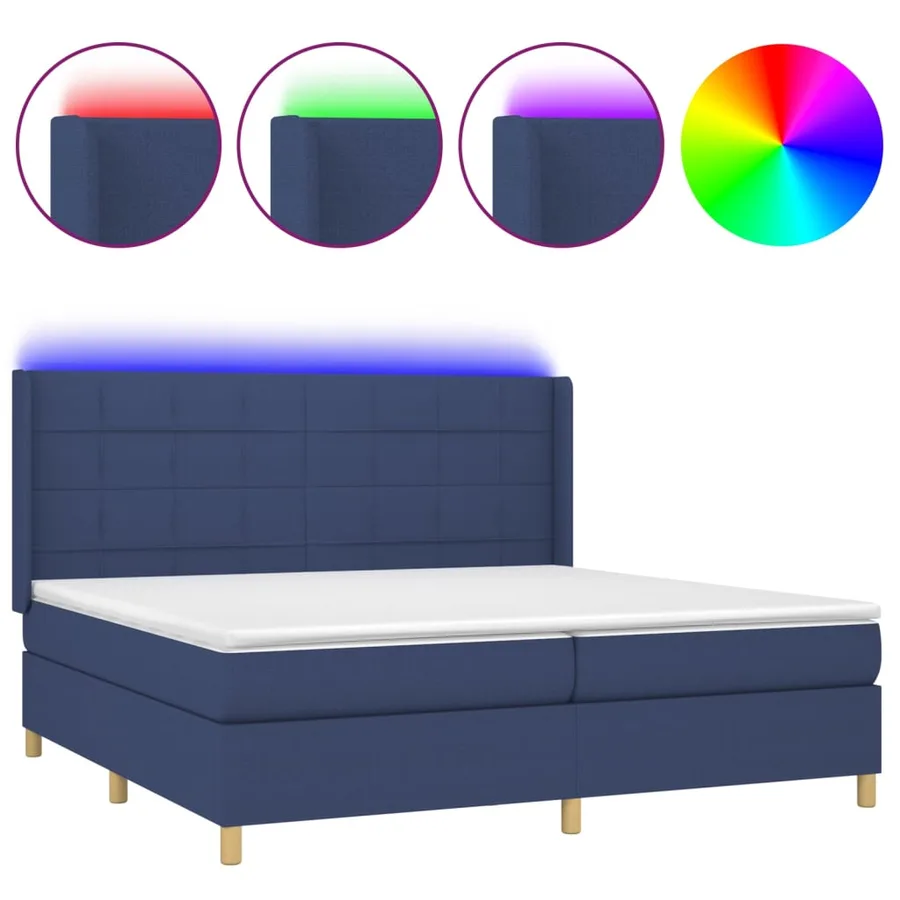 Sommier à lattes de lit et matelas et LED Bleu 200x200 cm Tissu - 2