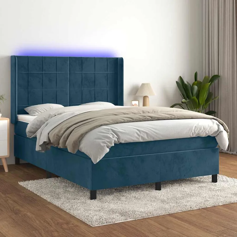 Sommier à lattes de lit matelas et LED Bleu foncé 140x200 cm