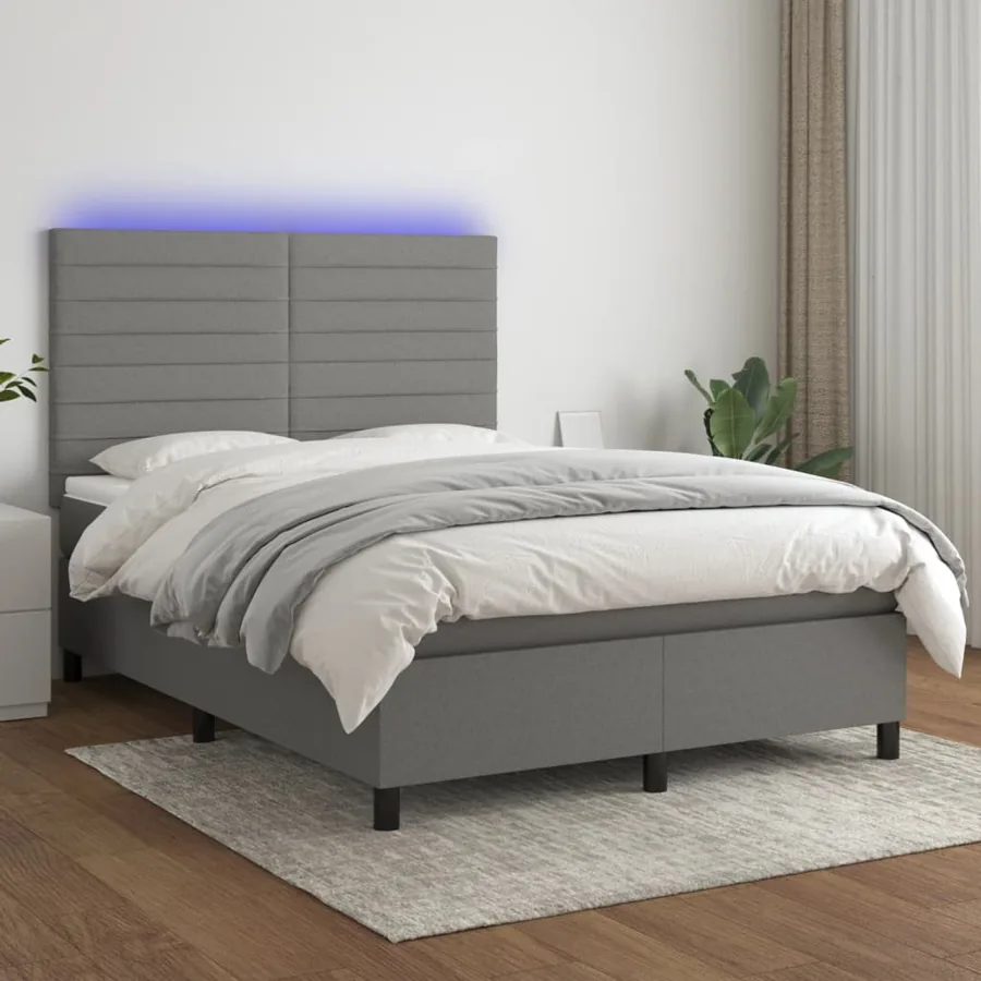 Sommier à lattes de lit et matelas et LED Gris foncé 140x200 cm