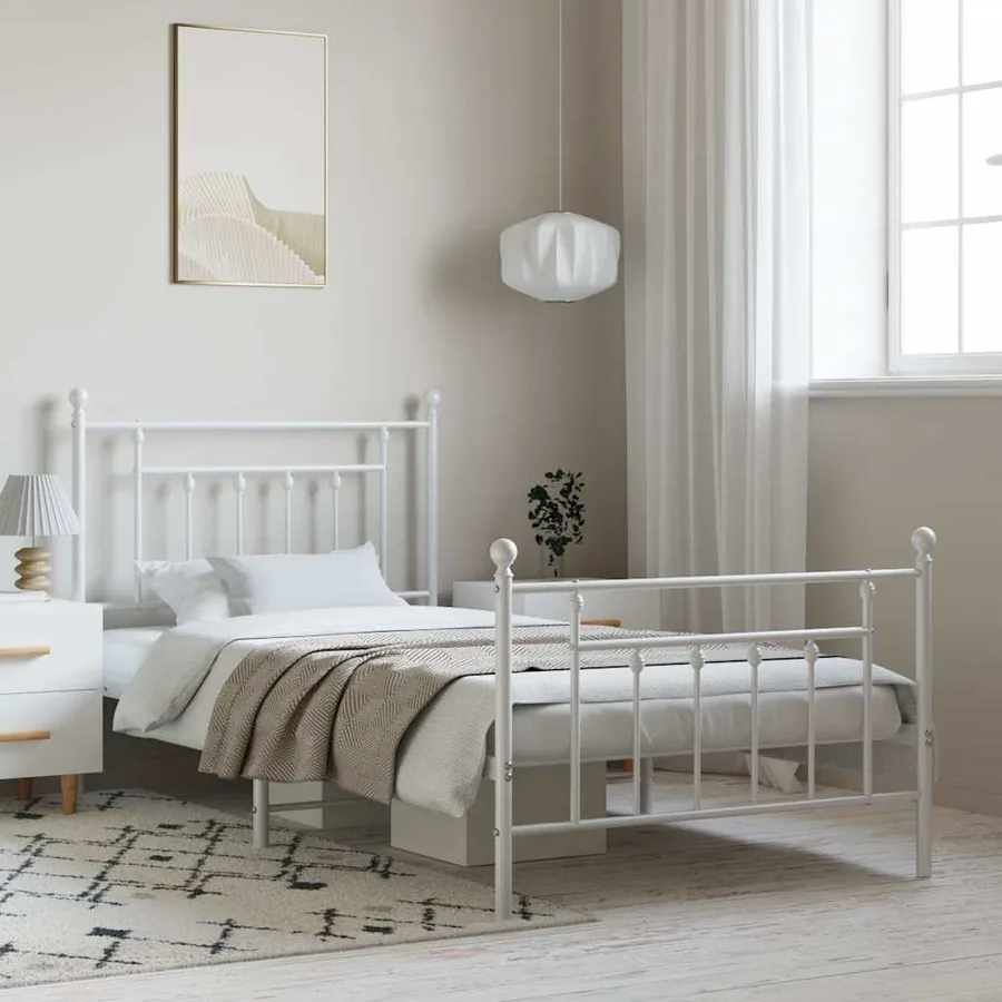 Cadre de lit métal sans matelas et pied de lit blanc 100x190 cm