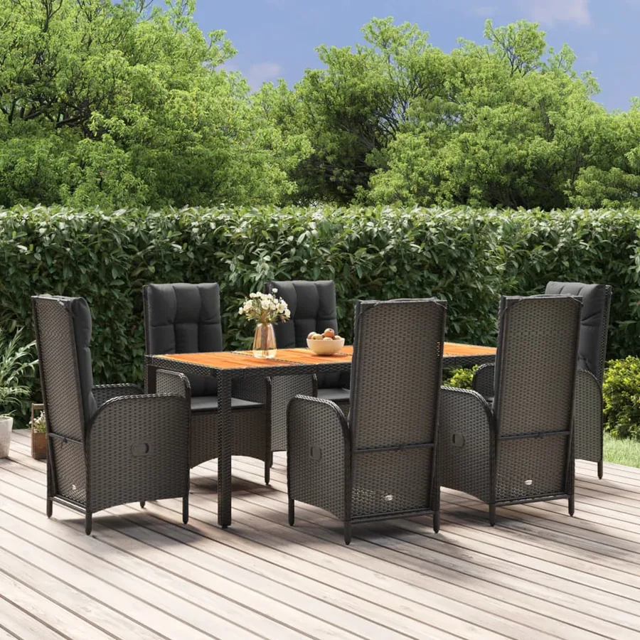 Ensemble à manger de jardin coussins 7pcs Noir Résine tressée