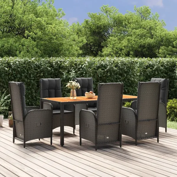 Ensemble à manger de jardin coussins 7pcs Noir Résine tressée