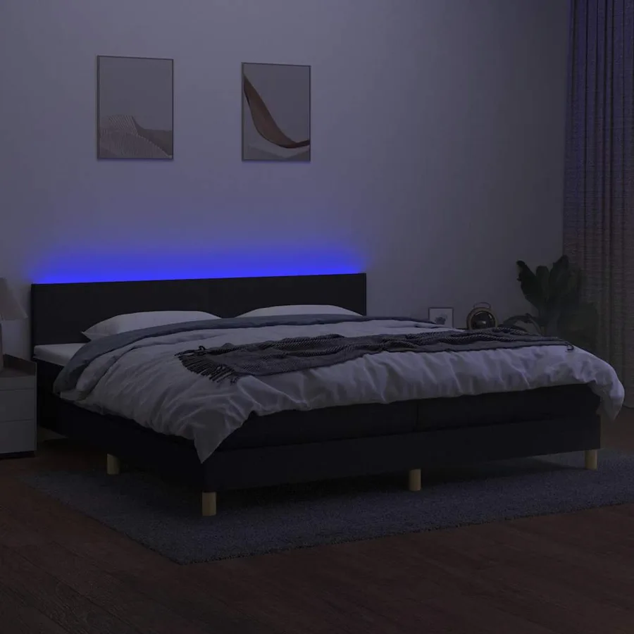 Sommier à lattes de lit et matelas et LED Noir 200x200 cm Tissu - 4