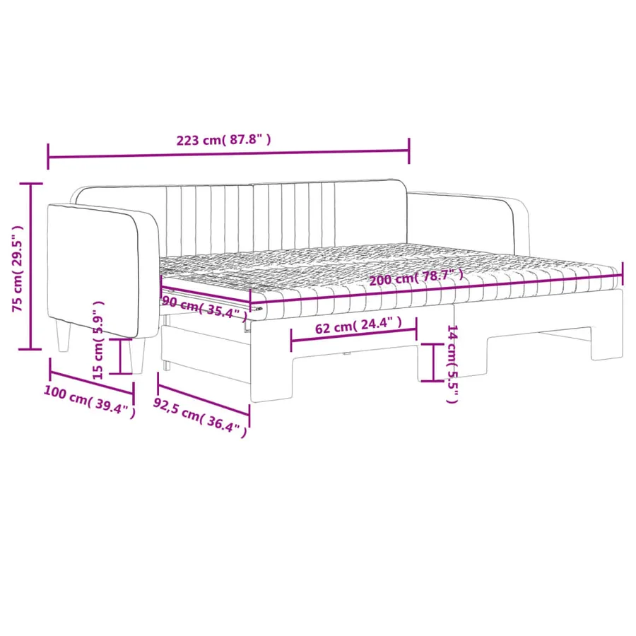 Lit de jour avec gigogne et matelas gris clair 90x200cm velours - 12