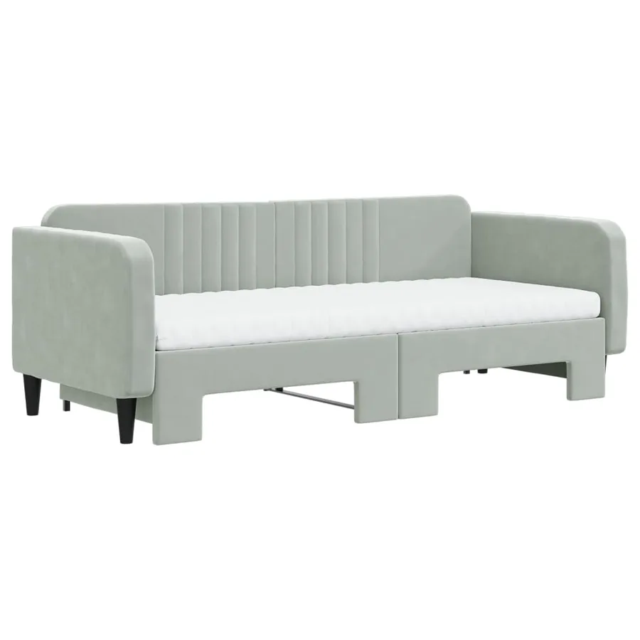 Lit de jour avec gigogne et matelas gris clair 90x200cm velours - 3