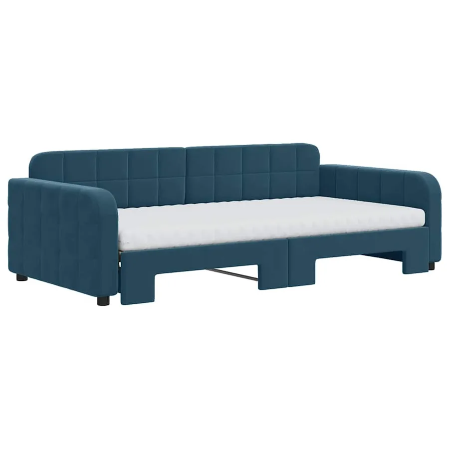 Lit de jour avec lit gigogne et matelas bleu 100x200 cm velours - 3