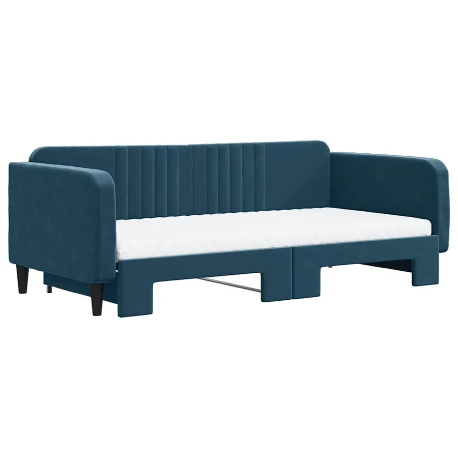 Lit de jour avec lit gigogne et matelas bleu 100x200 cm velours - 3