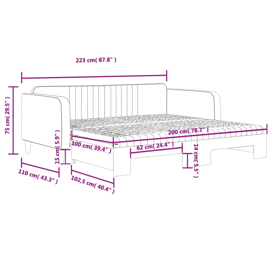 Lit de jour avec lit gigogne et matelas noir 100x200 cm velours - 12