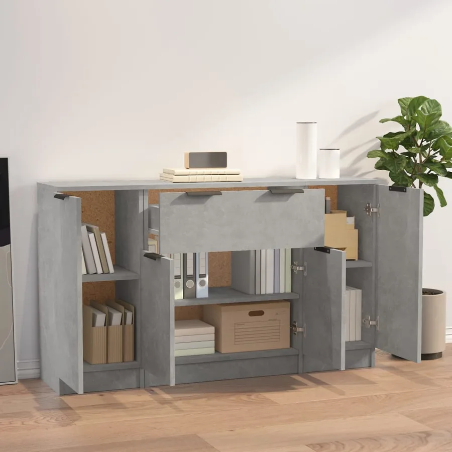 Buffets 3 pcs gris béton bois d'ingénierie - 3