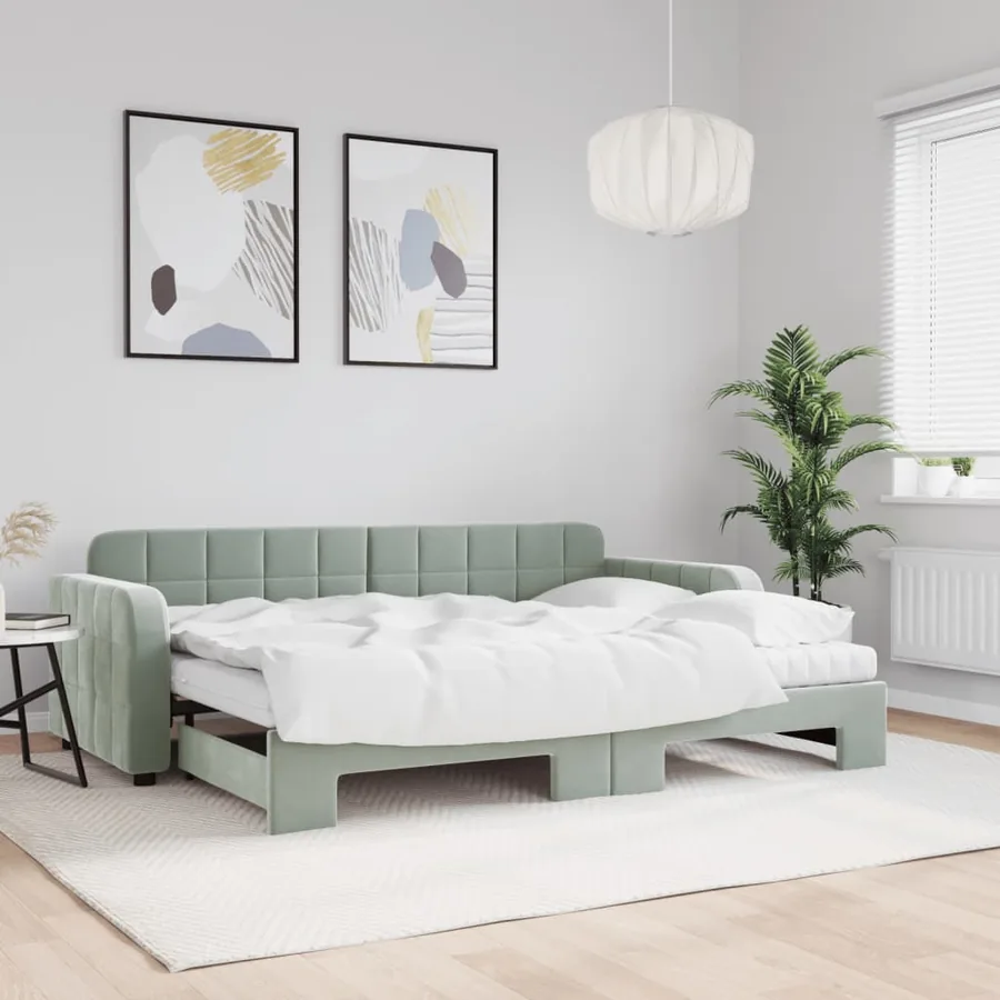 Lit de jour avec gigogne et matelas gris clair 80x200cm velours