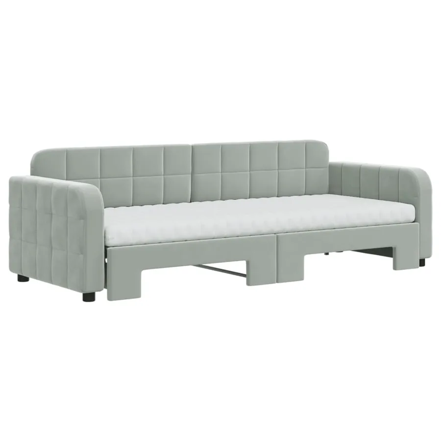 Lit de jour avec gigogne et matelas gris clair 80x200cm velours - 3