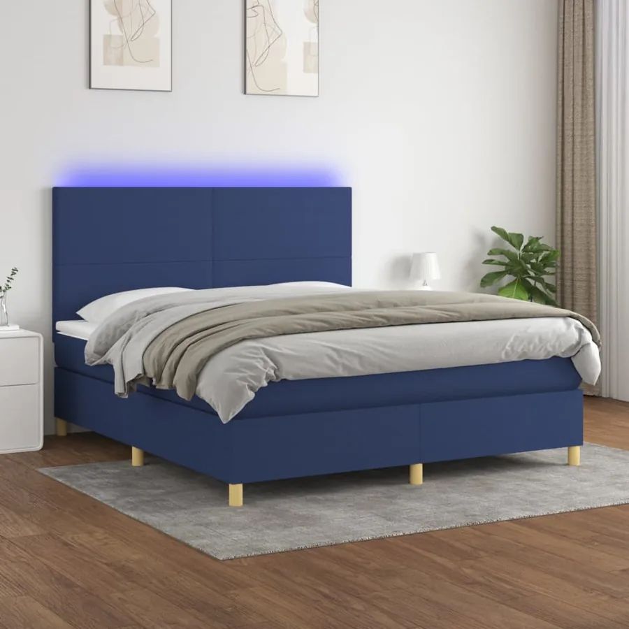 Sommier à lattes de lit et matelas et LED Bleu 160x200 cm Tissu - 4