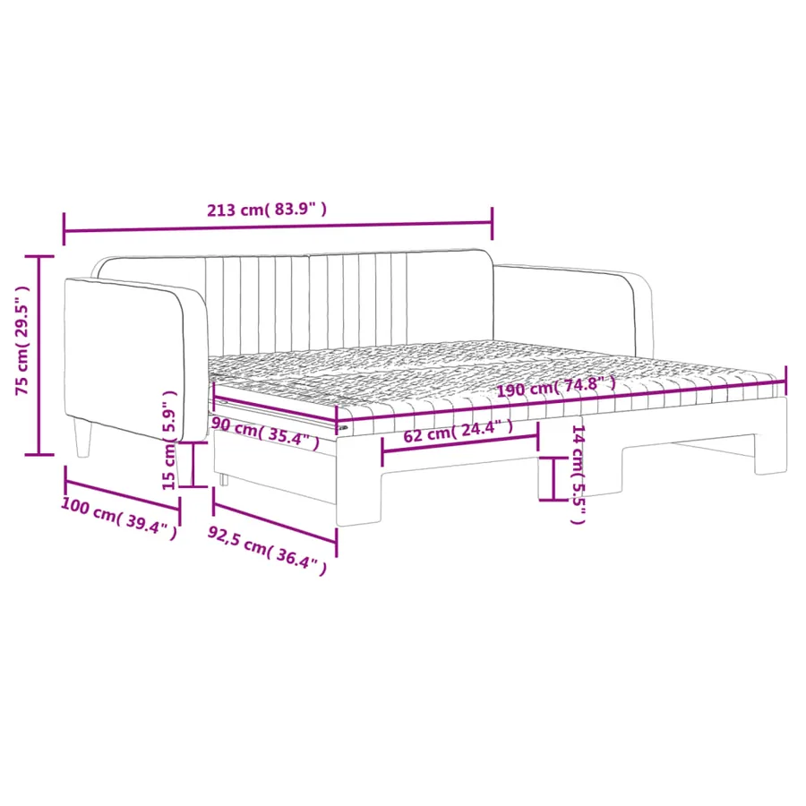 Lit de jour avec gigogne et matelas gris clair 90x190cm velours - 12