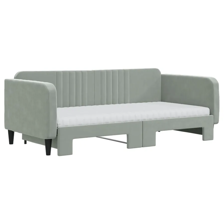 Lit de jour avec gigogne et matelas gris clair 90x190cm velours - 3