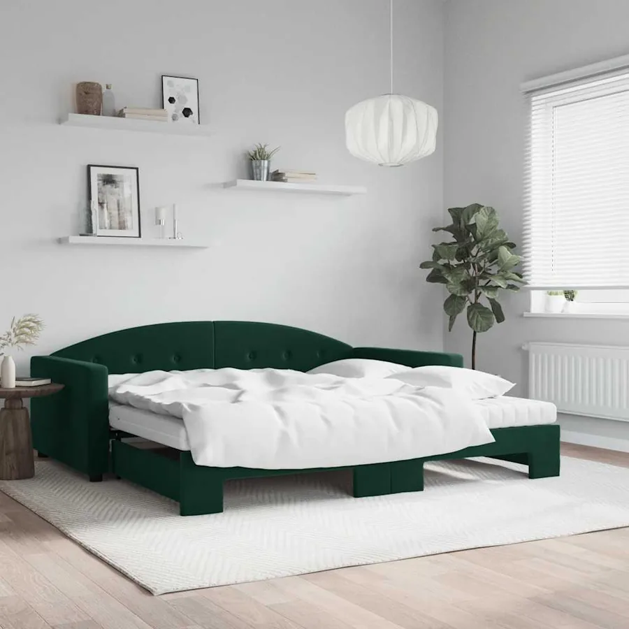 Lit de jour et gigogne et matelas vert foncé 100x200 cm velours