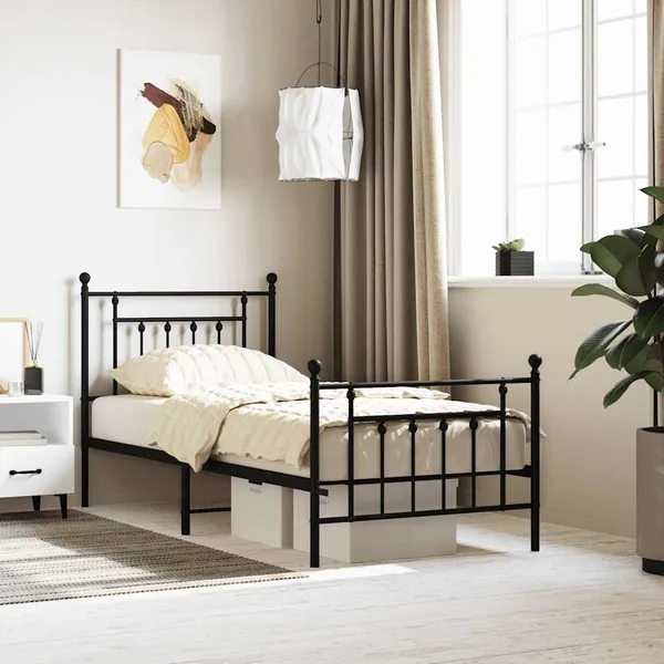 Cadre de lit métal sans matelas avec pied de lit noir 90x190 cm