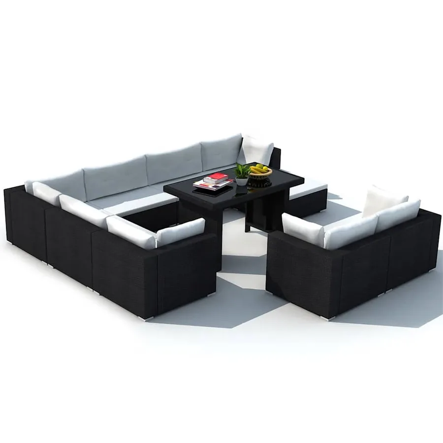 Salon de jardin 10 pcs avec coussins Résine tressée Noir - 4