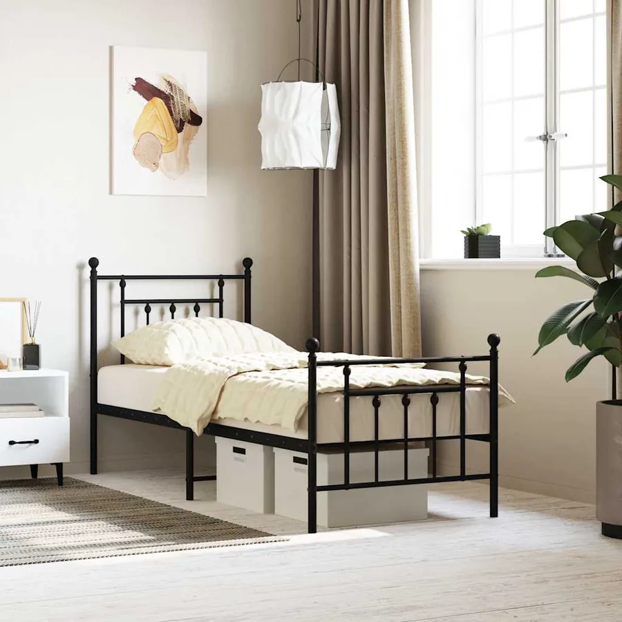 Cadre de lit métal sans matelas avec pied de lit noir 75x190 cm