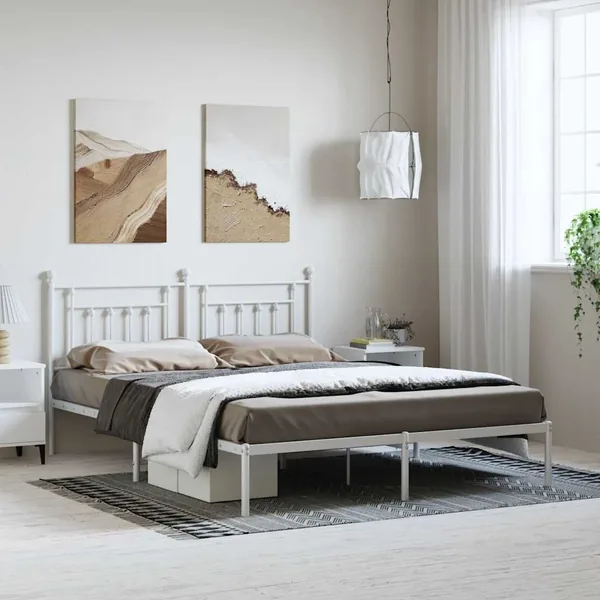 Cadre de lit métal sans matelas et tête de lit blanc 183x213 cm