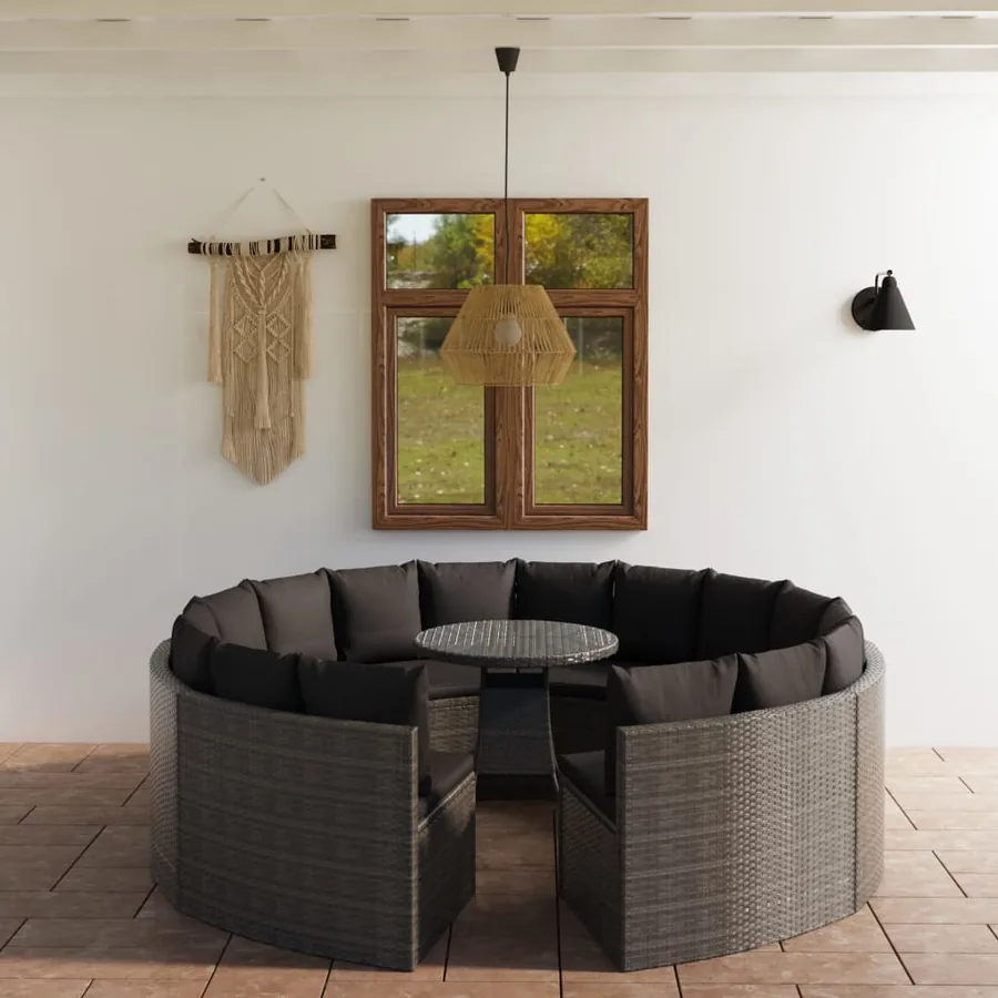 Salon de jardin 9 pcs avec coussins Résine tressée Gris