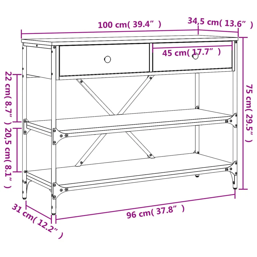 Table console avec tiroirs et étagères chêne fumé - 11