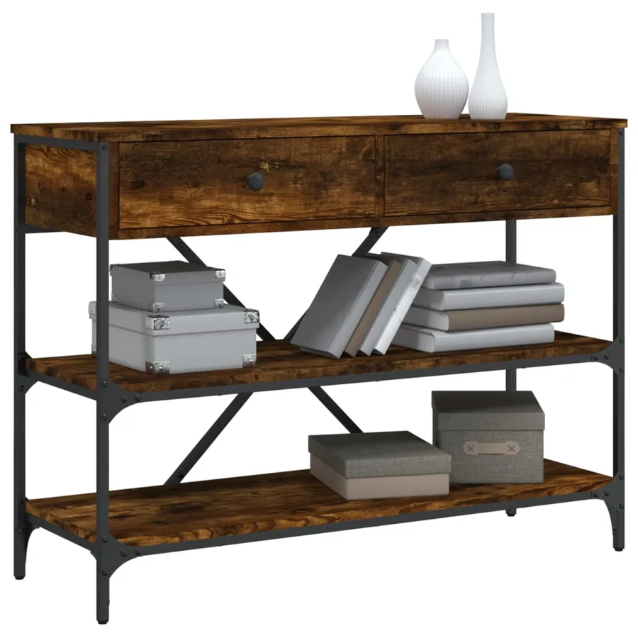 Table console avec tiroirs et étagères chêne fumé - 3