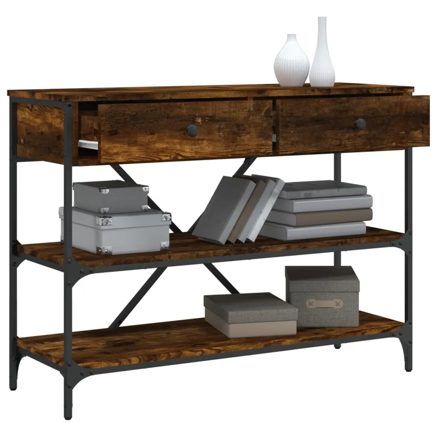 Table console avec tiroirs et étagères chêne fumé - 4