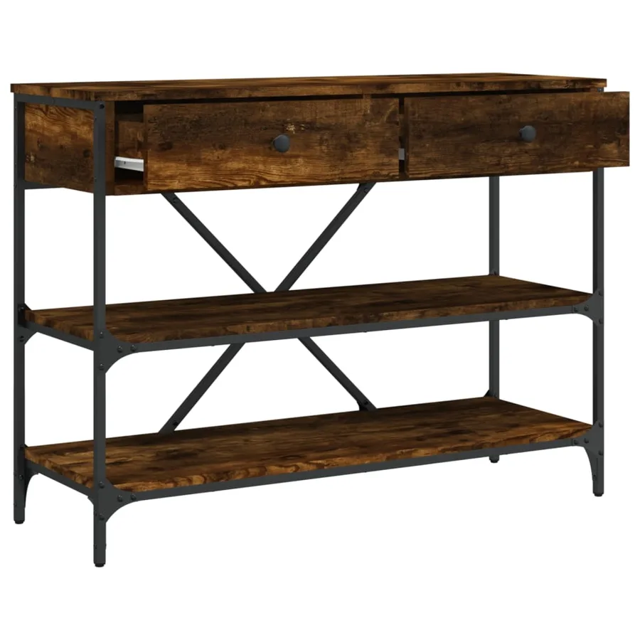 Table console avec tiroirs et étagères chêne fumé - 5
