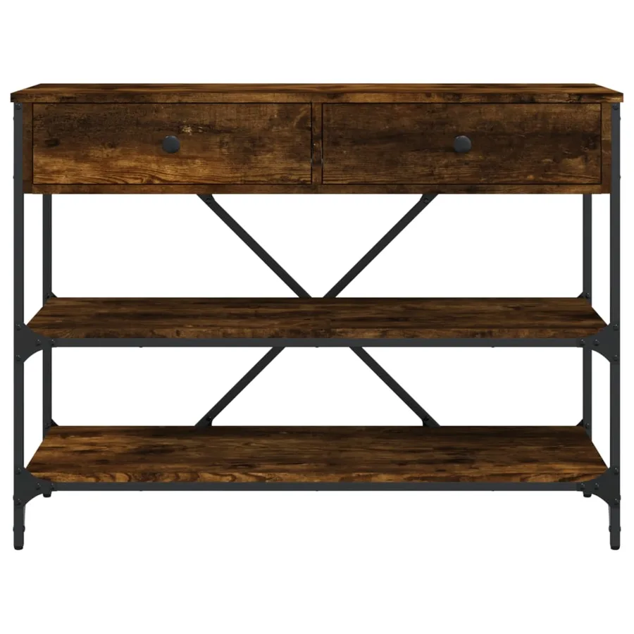 Table console avec tiroirs et étagères chêne fumé - 6