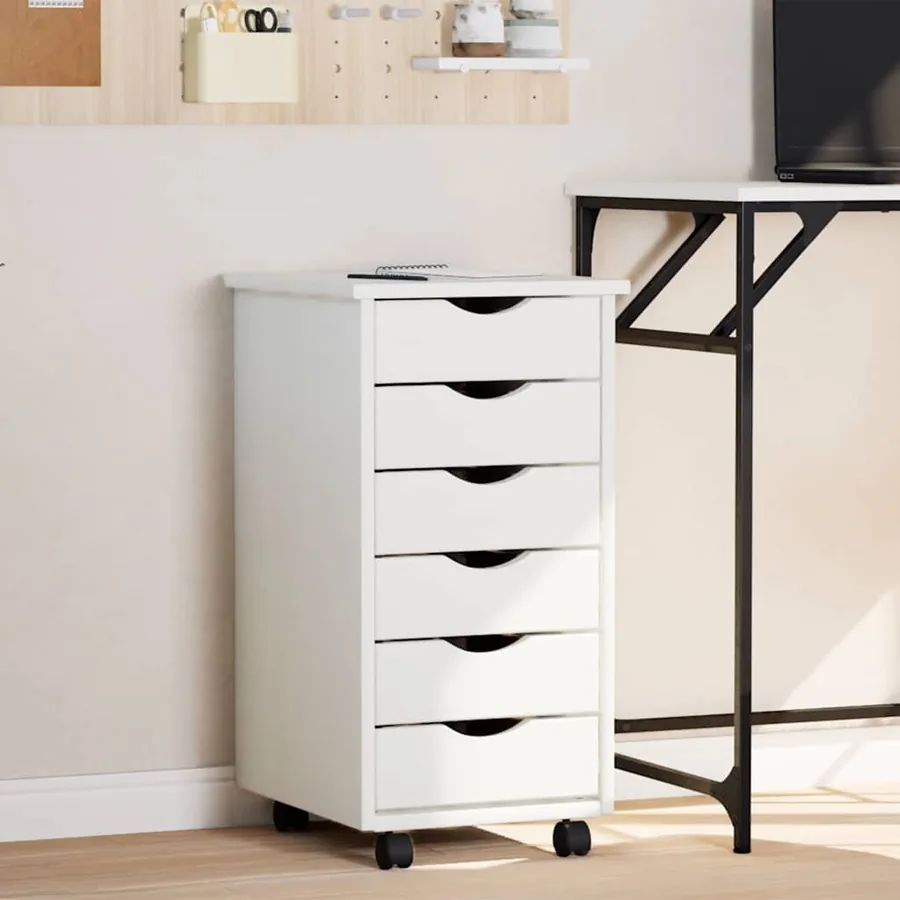 Armoire roulante avec tiroirs MOSS blanc bois de pin solide