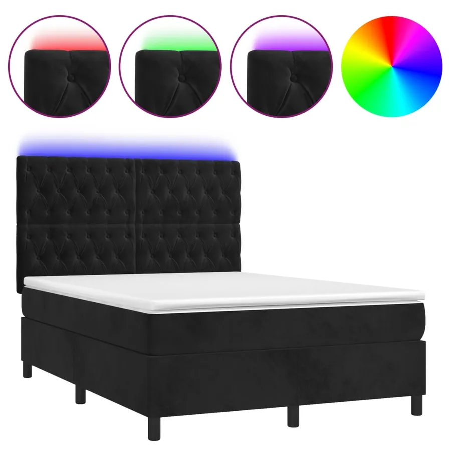 Sommier à lattes de lit matelas et LED Noir 140x190 cm Velours - 2