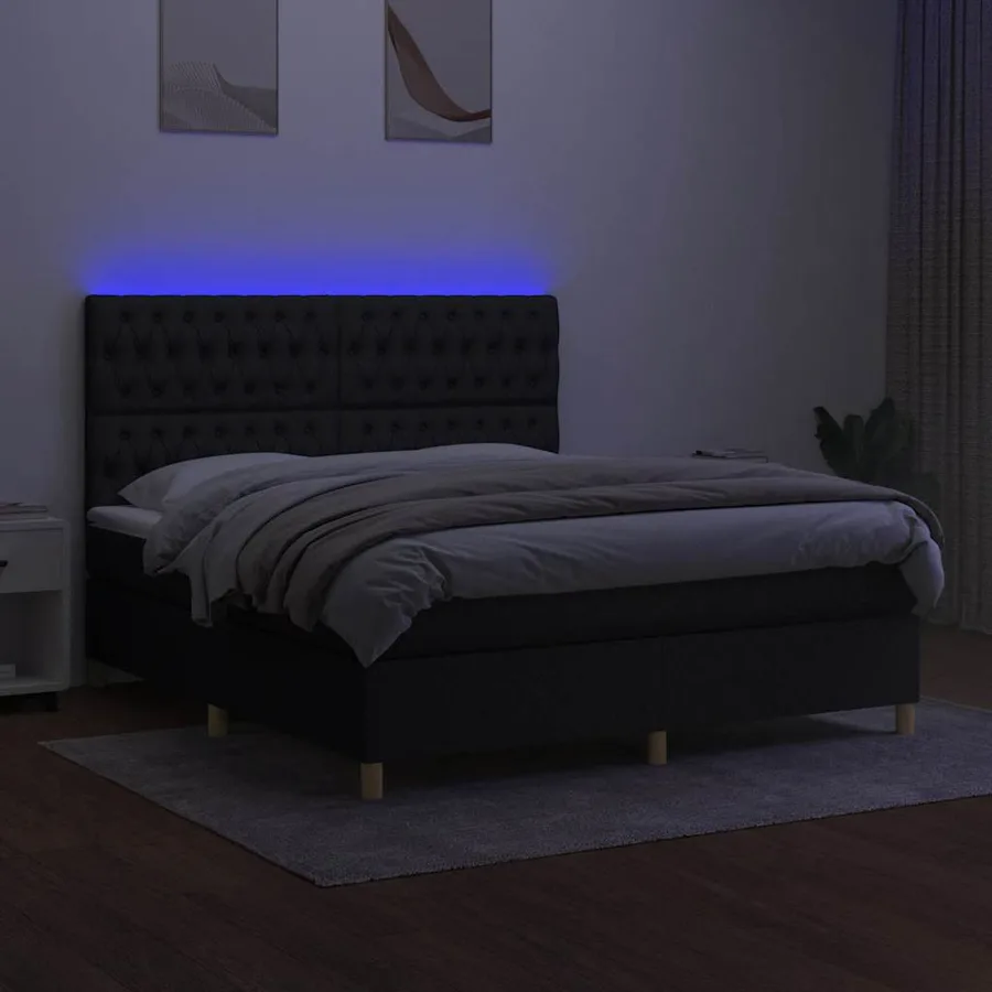 Sommier à lattes de lit et matelas et LED Noir 160x200 cm Tissu - 4
