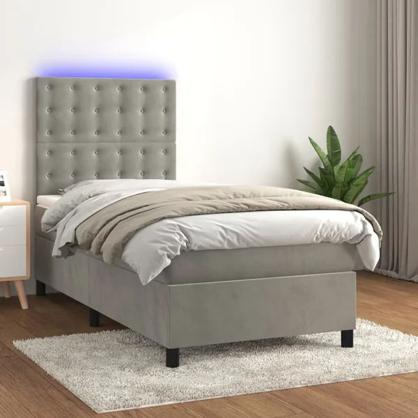 Sommier à lattes de lit et matelas et LED Gris clair 90x200 cm