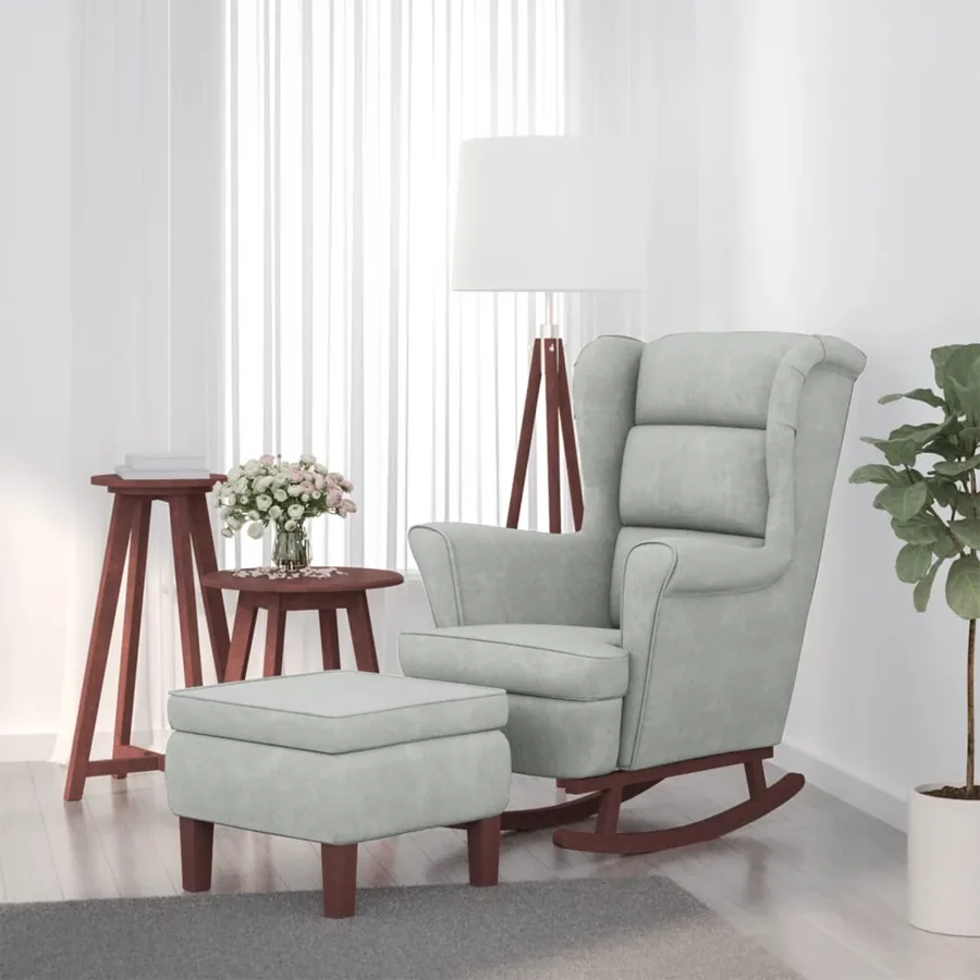 Fauteuil à bascule à oreilles en velours gris clair bois massif