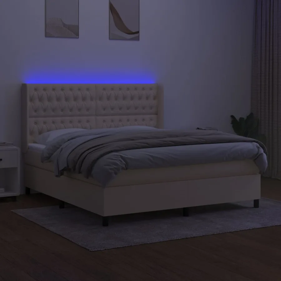 Sommier à lattes de lit matelas et LED Crème 160x200 cm Tissu - 3