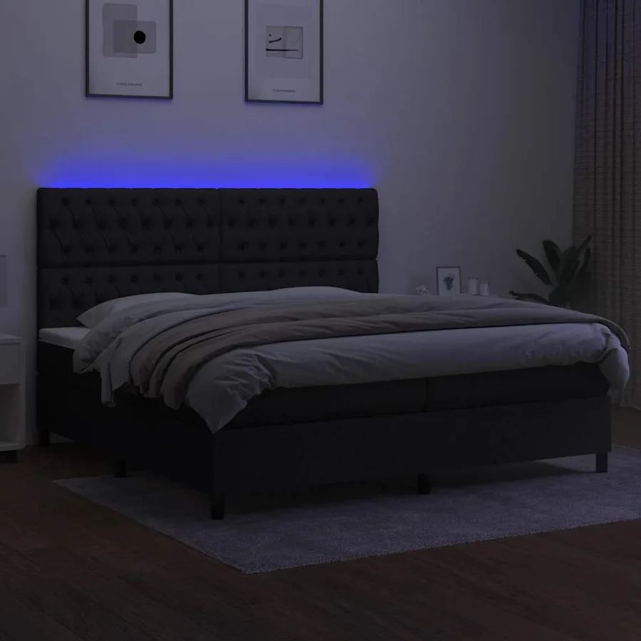 Sommier à lattes de lit et matelas et LED Noir 200x200 cm Tissu - 4