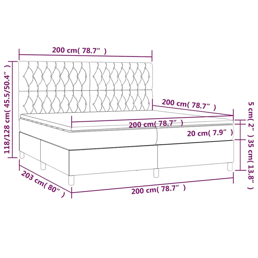 Sommier à lattes de lit et matelas et LED Noir 200x200 cm Tissu - 8