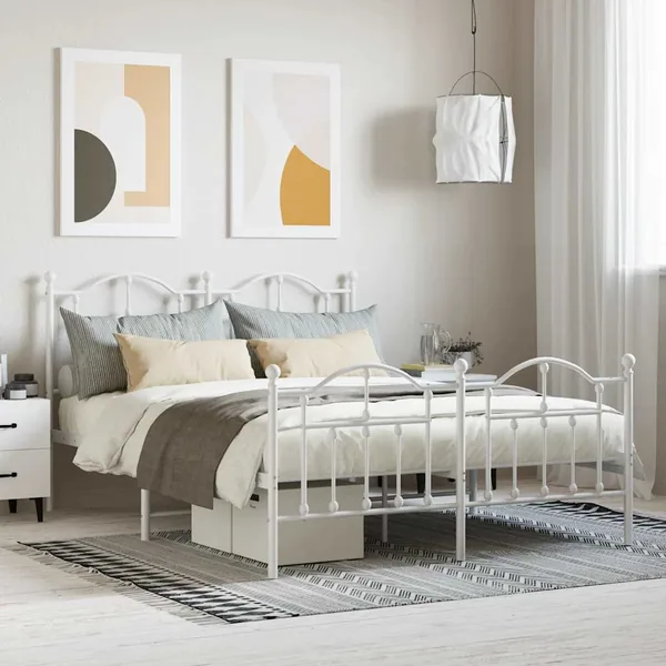 Cadre de lit métal sans matelas et pied de lit blanc 140x200 cm