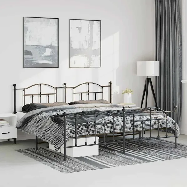 Cadre de lit métal sans matelas avec pied de lit noir 193x203cm