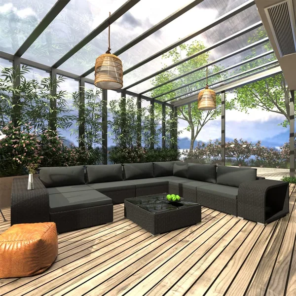 Salon de jardin 10 pcs avec coussins Résine tressée Noir