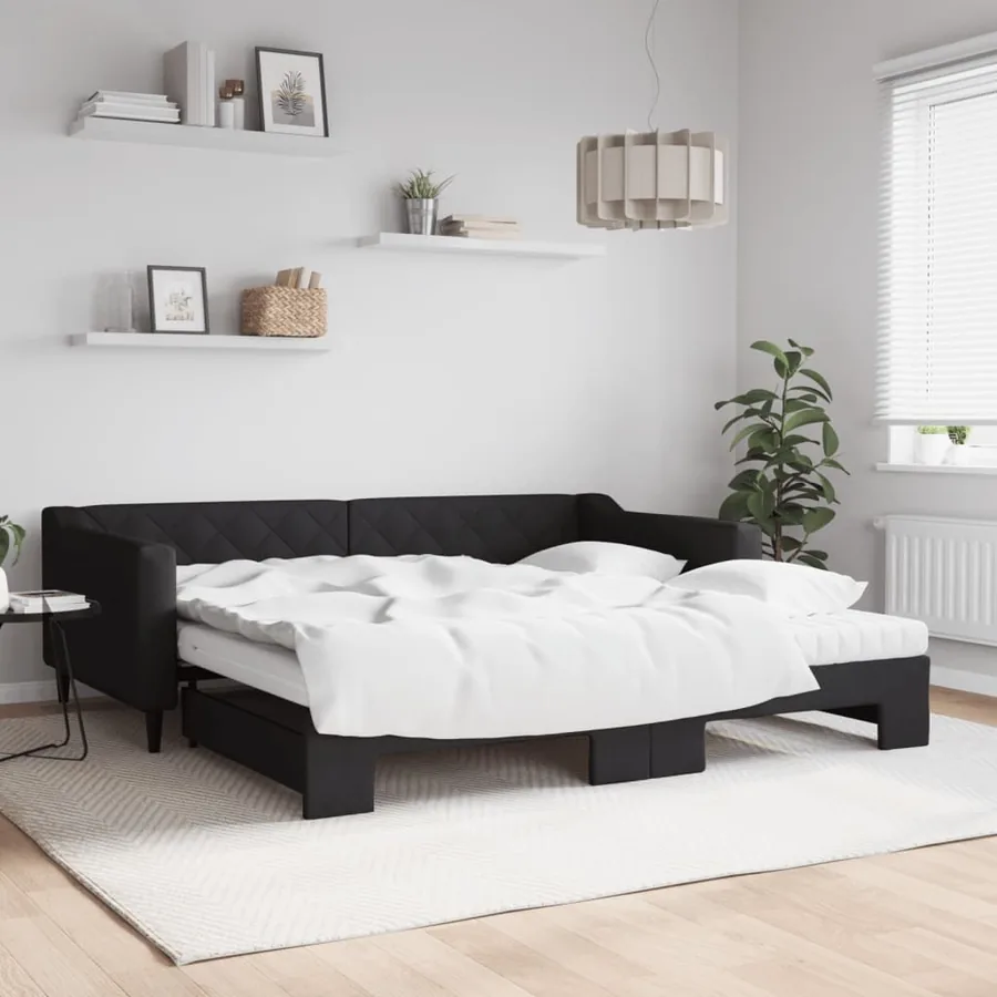 Lit de jour avec gigogne et matelas noir 100x200 cm tissu