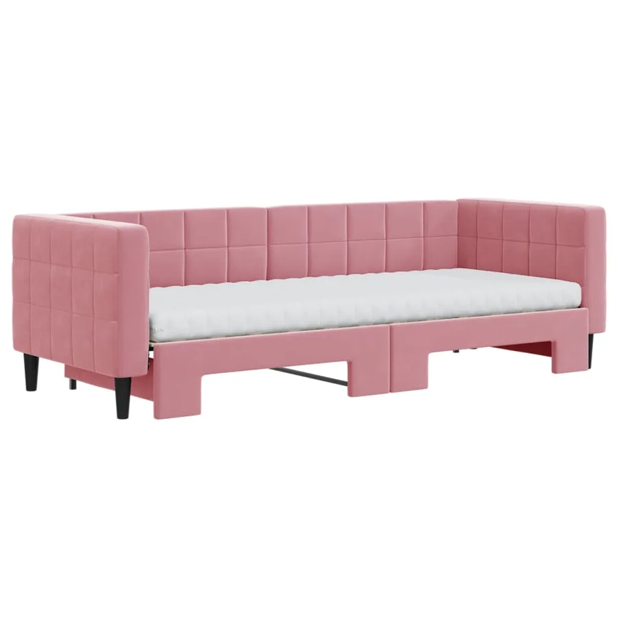 Lit de jour avec lit gigogne et matelas rose 80x200 cm velours - 3