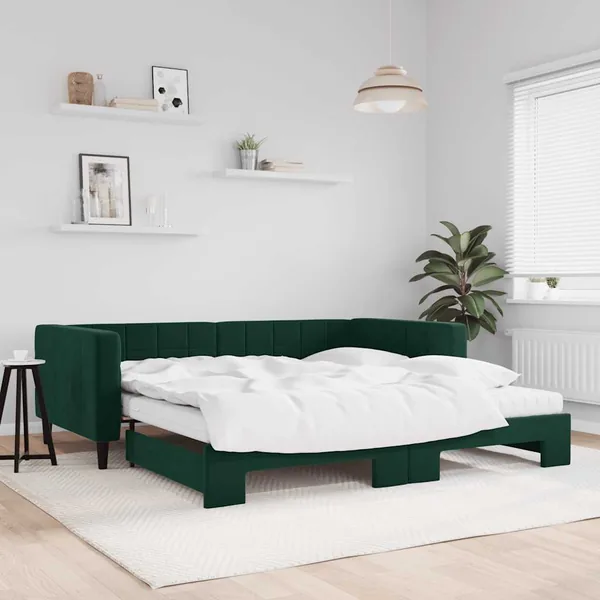 Lit de jour et gigogne et matelas vert foncé 100x200 cm velours