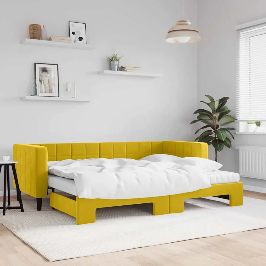 Lit de jour avec lit gigogne et matelas jaune 80x200 cm velours