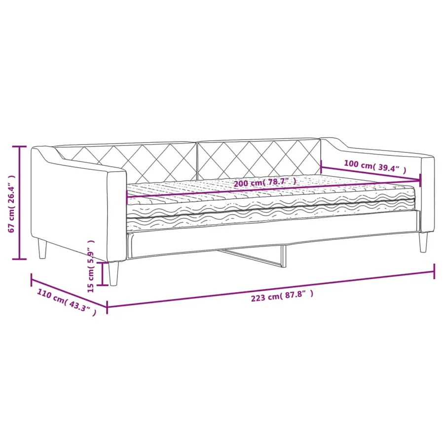 Lit de jour avec matelas gris clair 100x200 cm tissu - 12