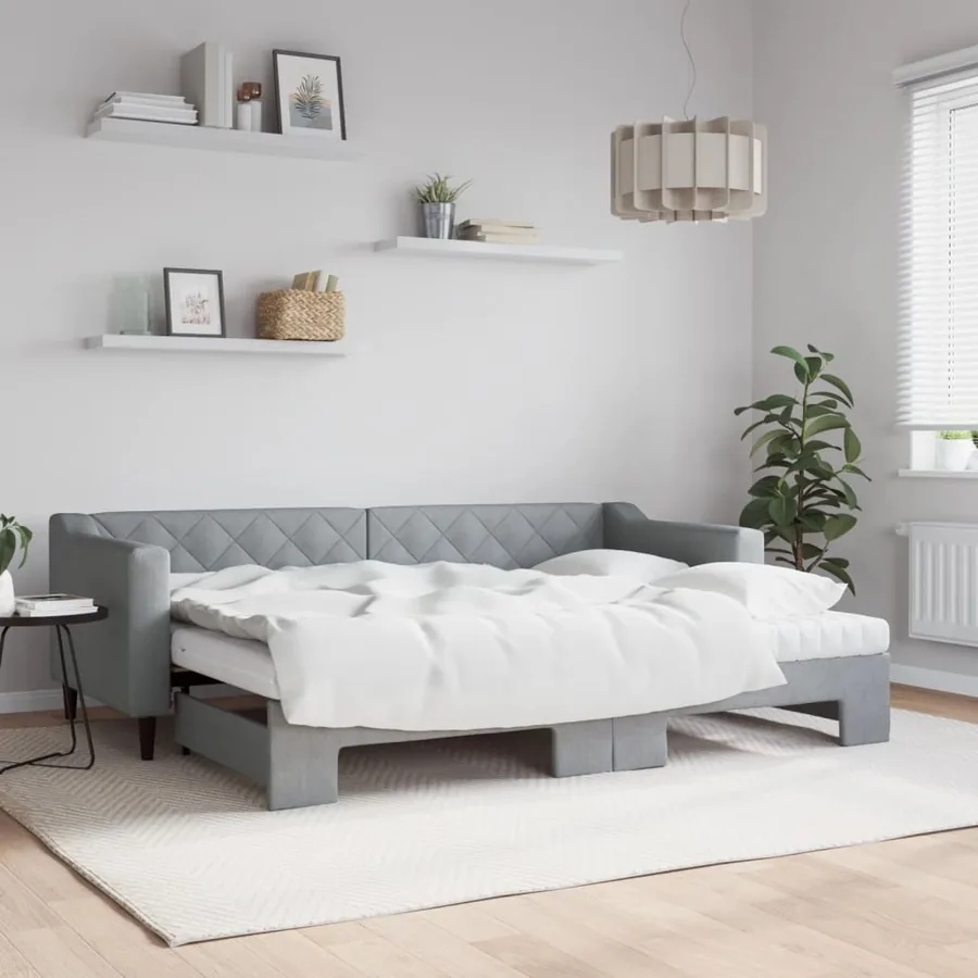 Lit de jour avec gigogne et matelas gris clair 80x200 cm tissu