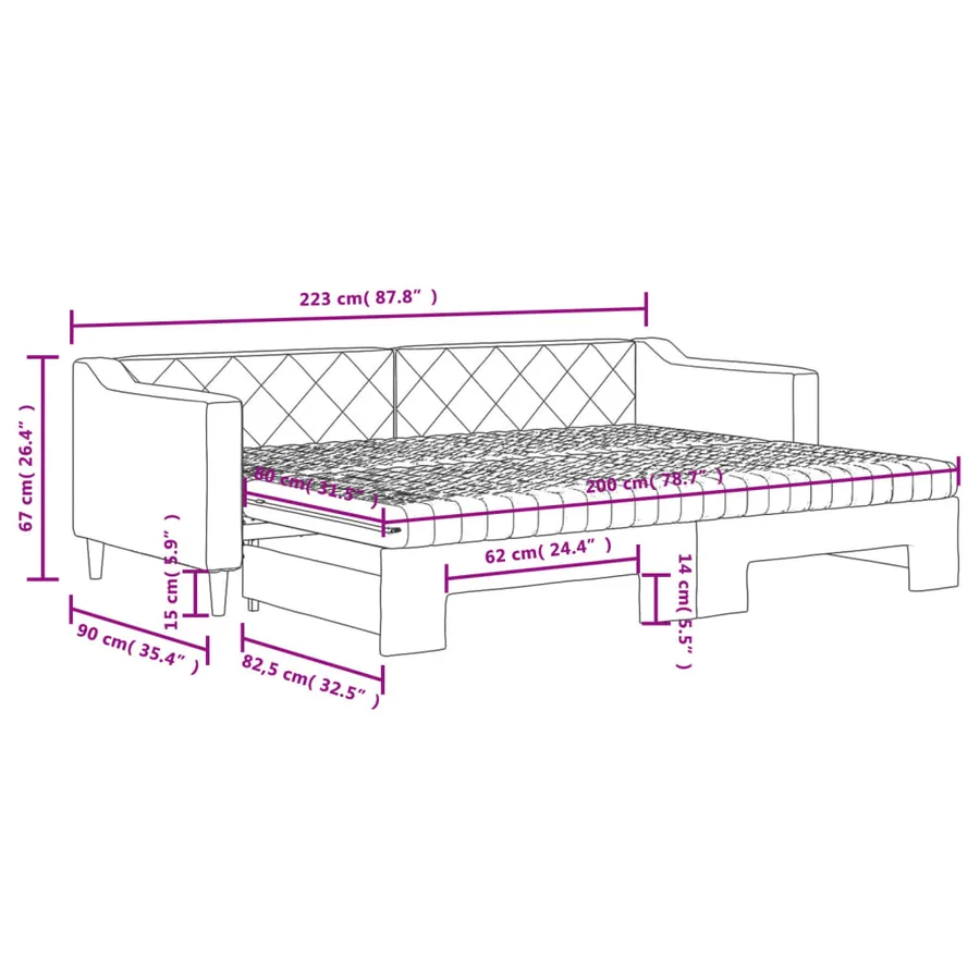 Lit de jour avec gigogne et matelas gris clair 80x200 cm tissu - 12