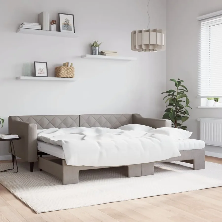 Lit de jour avec gigogne et matelas taupe 90x200 cm tissu